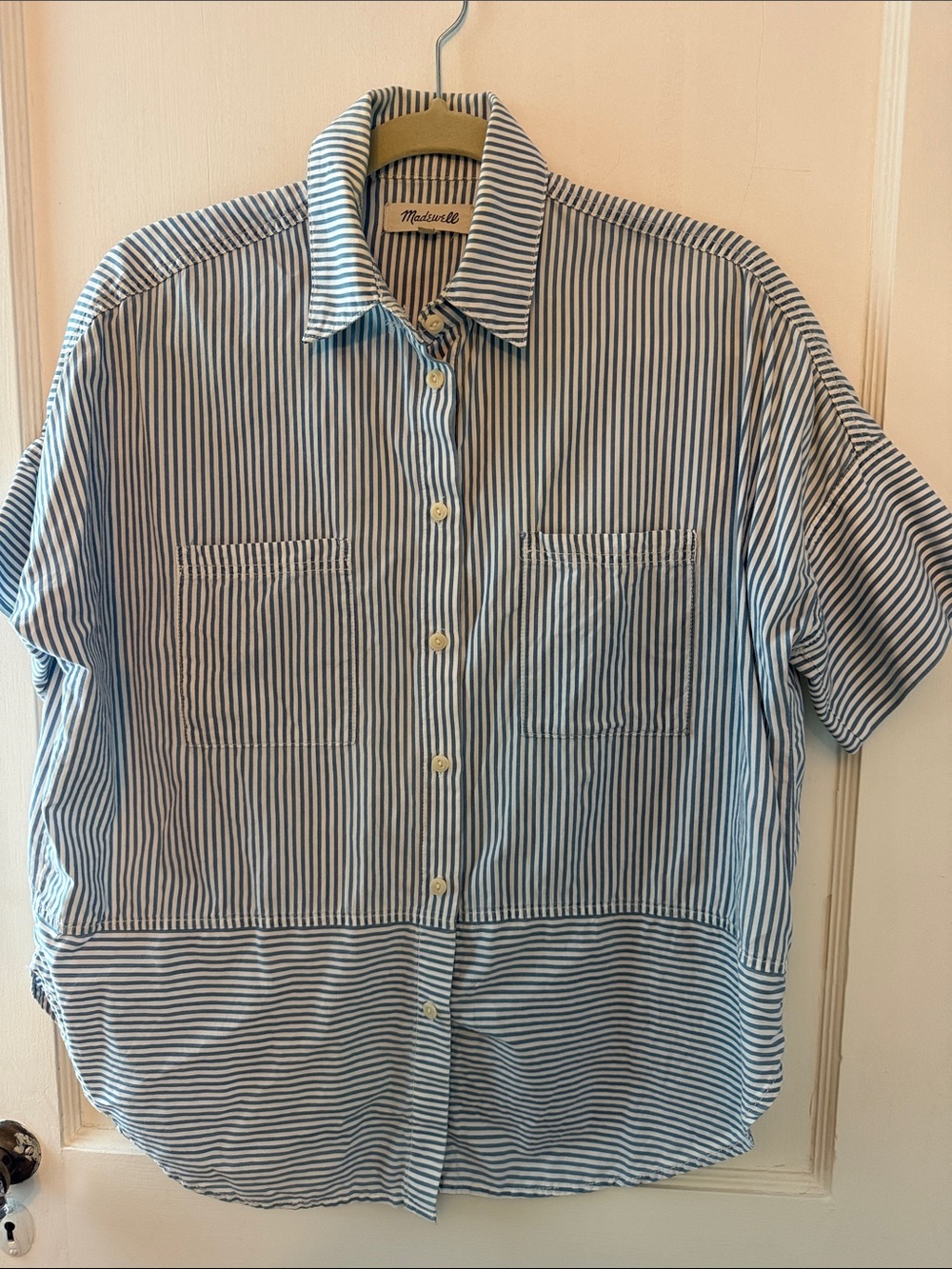 Madewell Navy and White Vertical Stripe Short-Sleeve Button-Up Shirt